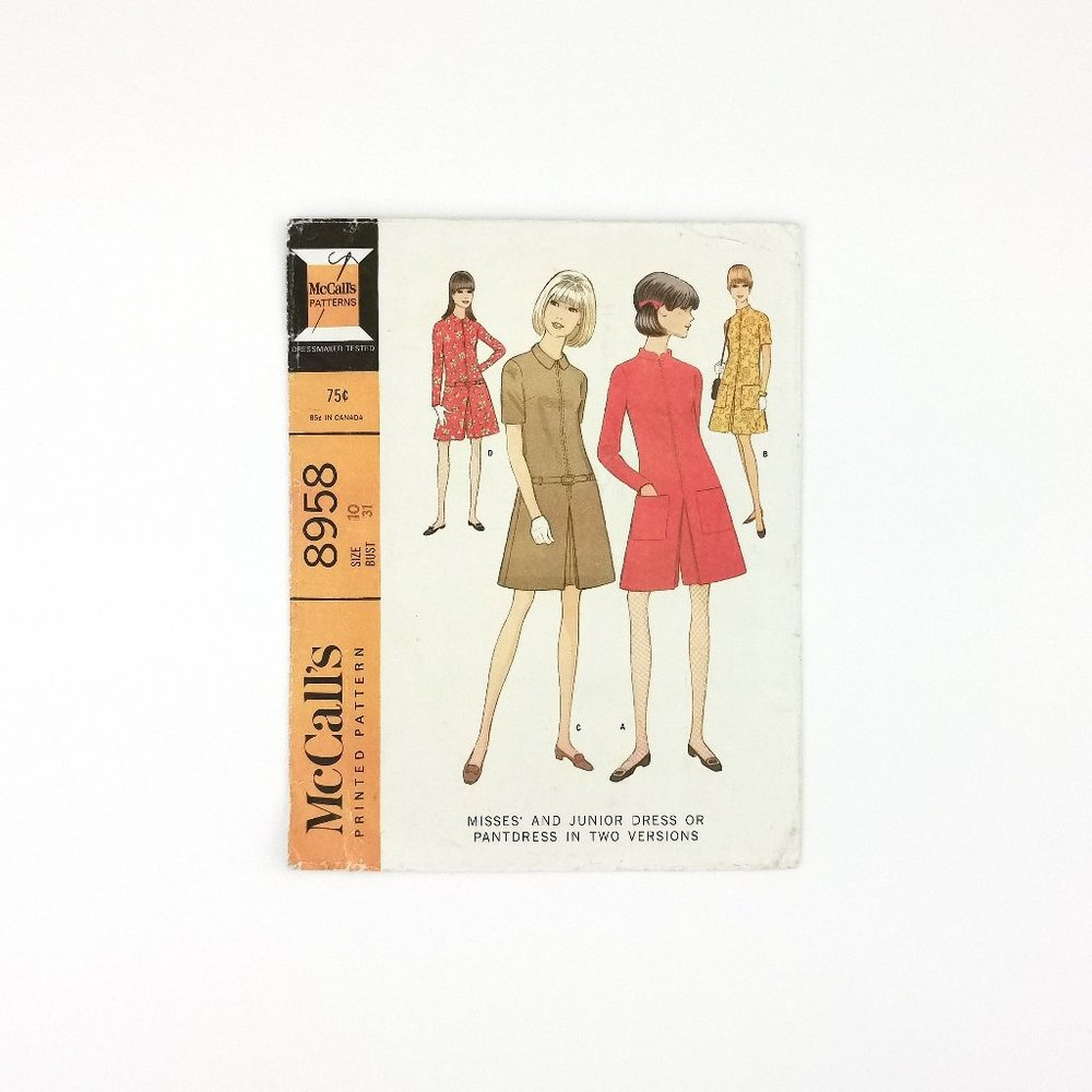 Late 60s Mod Scooter Dress or Pantdress McCalls Sewing Pattern 8958 Bust 31